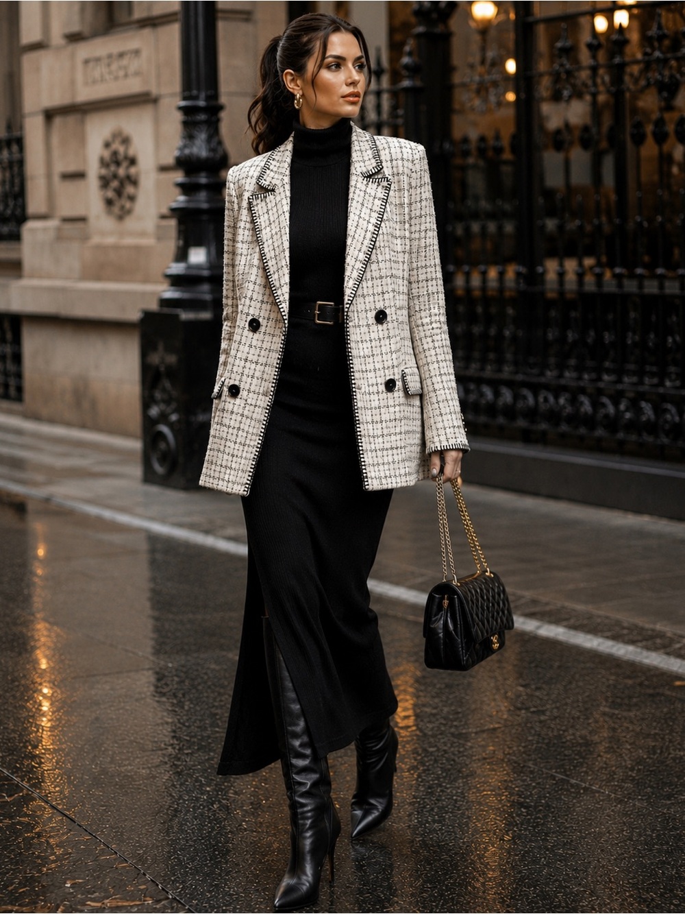Zara Tweed Double Breasted Blazer with Black Trim